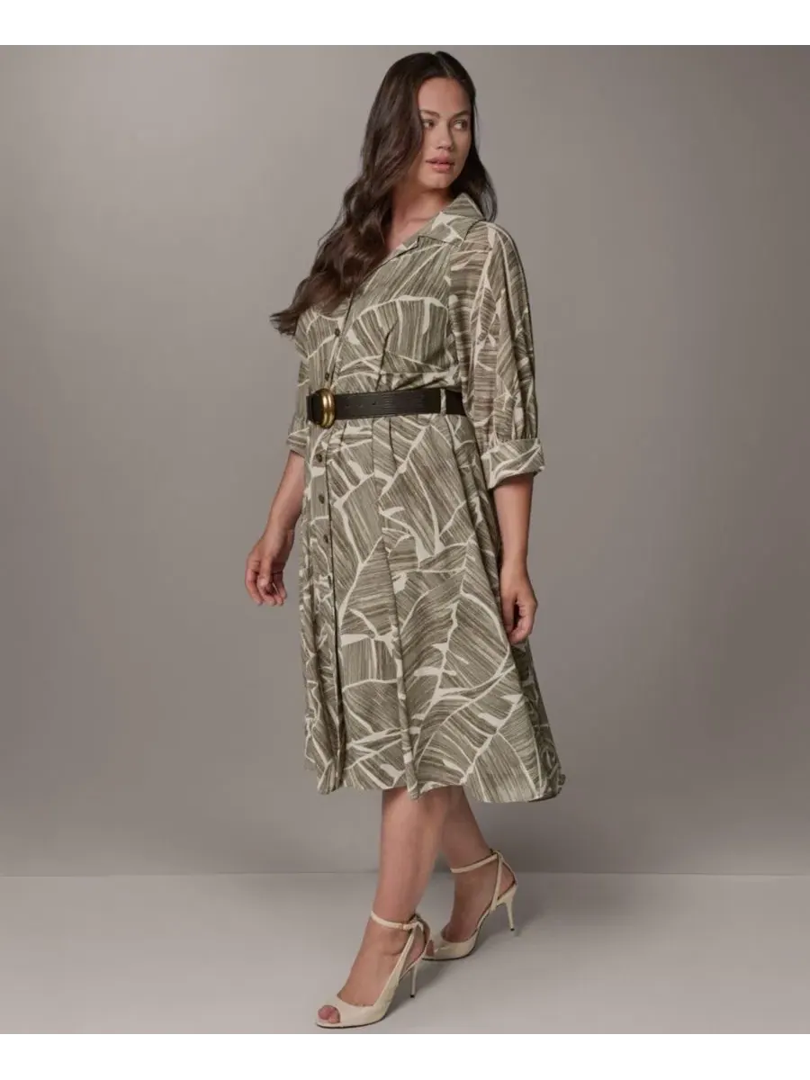 Платье-рубашка миди с принтом, с поясом, 3/4 рукав Donna Karan New York — изображение 3 из 6, светлый оливковый мульти