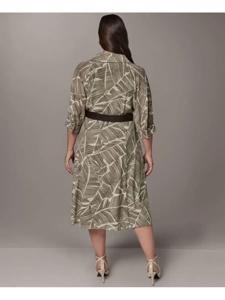 Платье-рубашка миди с принтом, с поясом, 3/4 рукав Donna Karan New York — изображение 5 из 6, светлый оливковый мульти