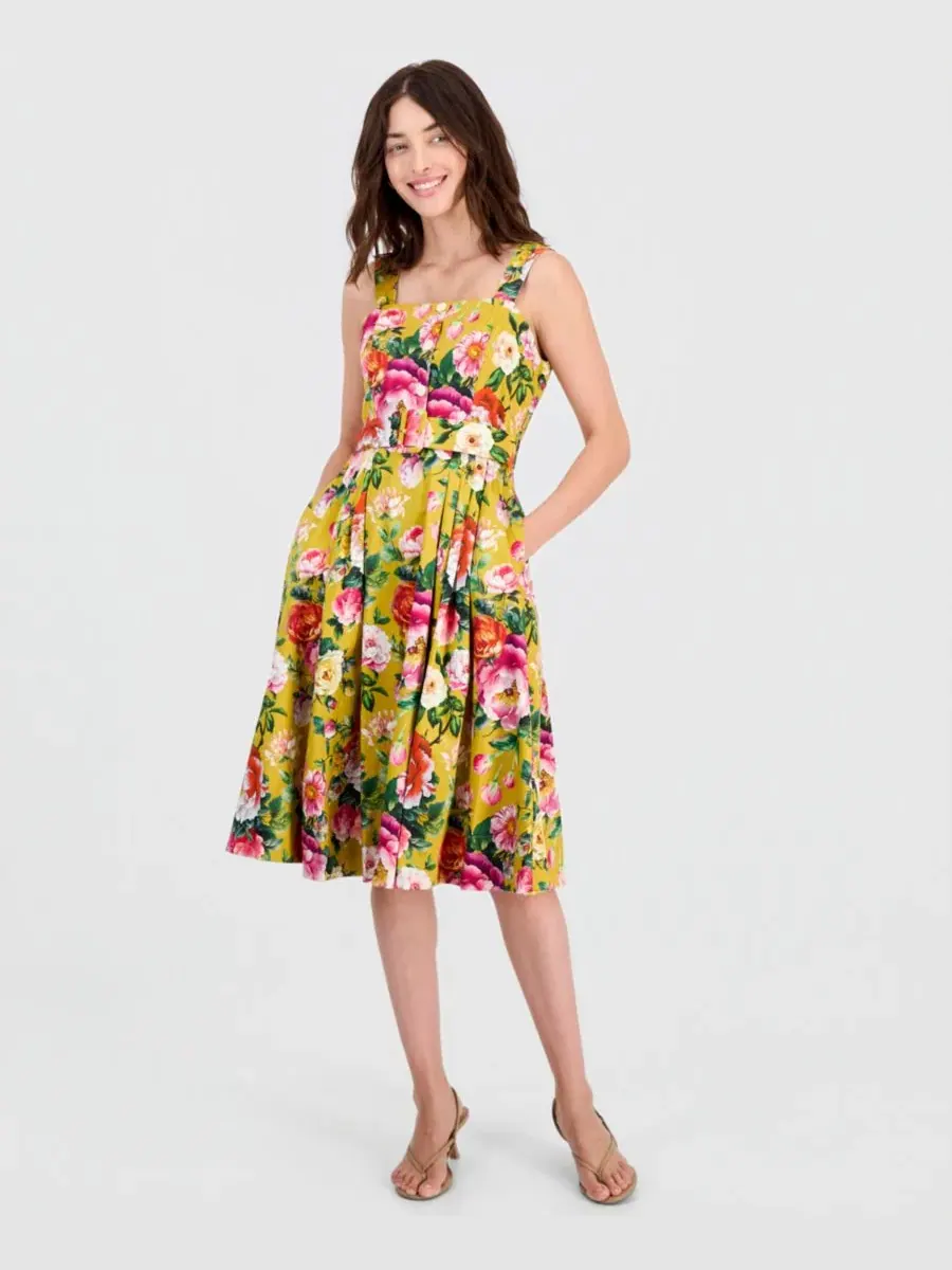 Платье-трапеция с принтом Mustard Floral Tahari ASL — изображение 1 из 5, горчичный цветочный узор