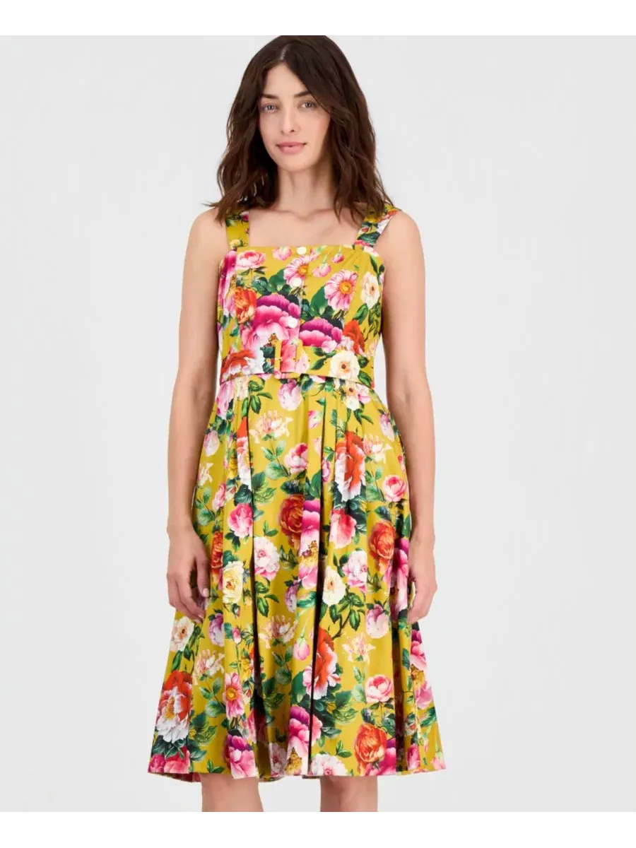 Платье-трапеция с принтом Mustard Floral Tahari ASL — изображение 3 из 5, горчичный цветочный узор
