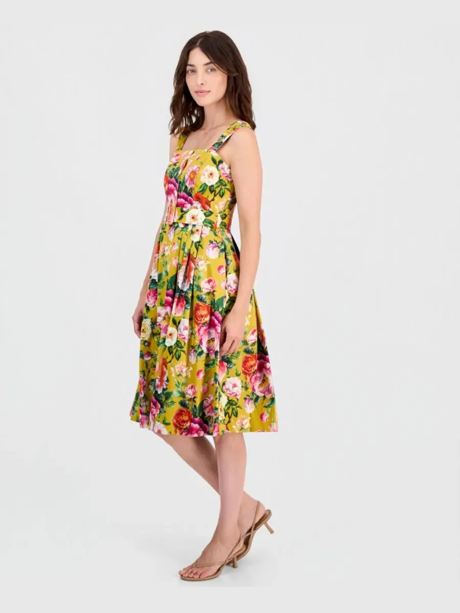 Платье-трапеция с принтом Mustard Floral Tahari ASL — изображение 4 из 5, горчичный цветочный узор