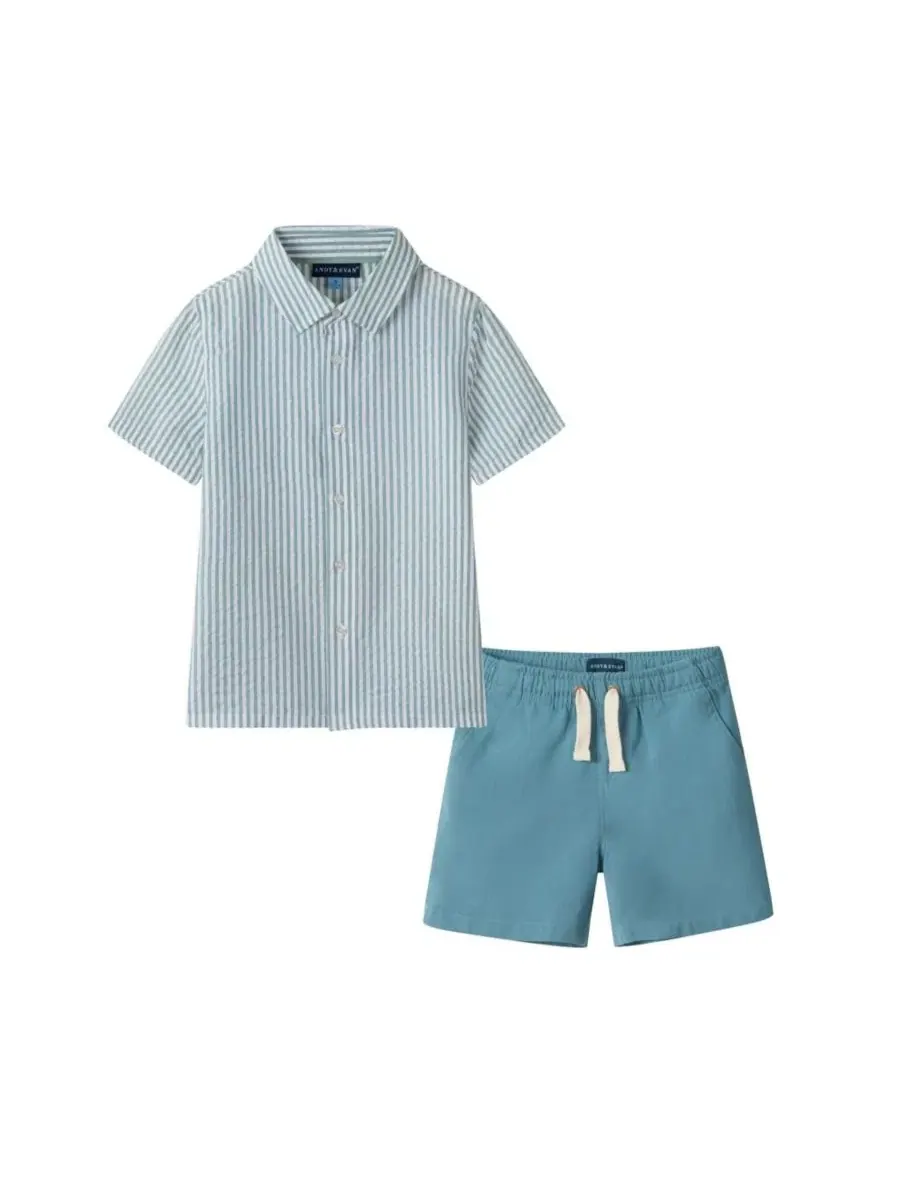 Комплект из рубашки и шорт для мальчика Teal Striped Buttondown and Linen Shorts Set Andy & Evan — изображение 1 из 5