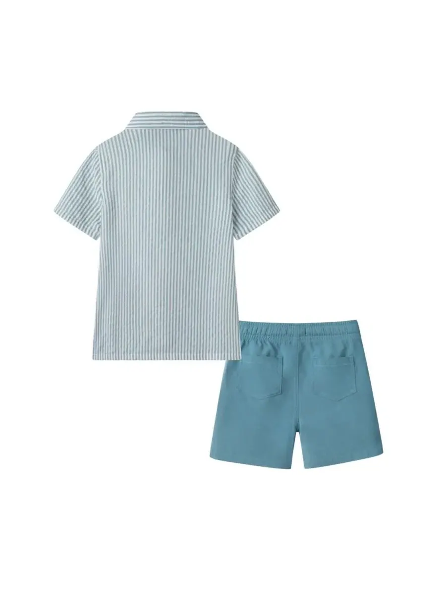 Комплект из рубашки и шорт для мальчика Teal Striped Buttondown and Linen Shorts Set Andy & Evan — изображение 4 из 5