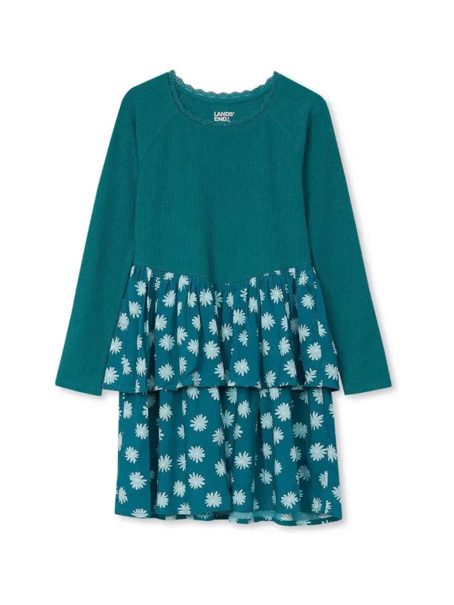 Платье с длинным рукавом из рибаны, ярусная юбка Lands' End, Floral Baltic Teal
