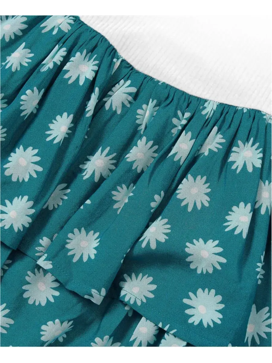 Платье с длинным рукавом из рибаны, ярусная юбка Lands' End, Floral Baltic Teal — изображение 2 из 3