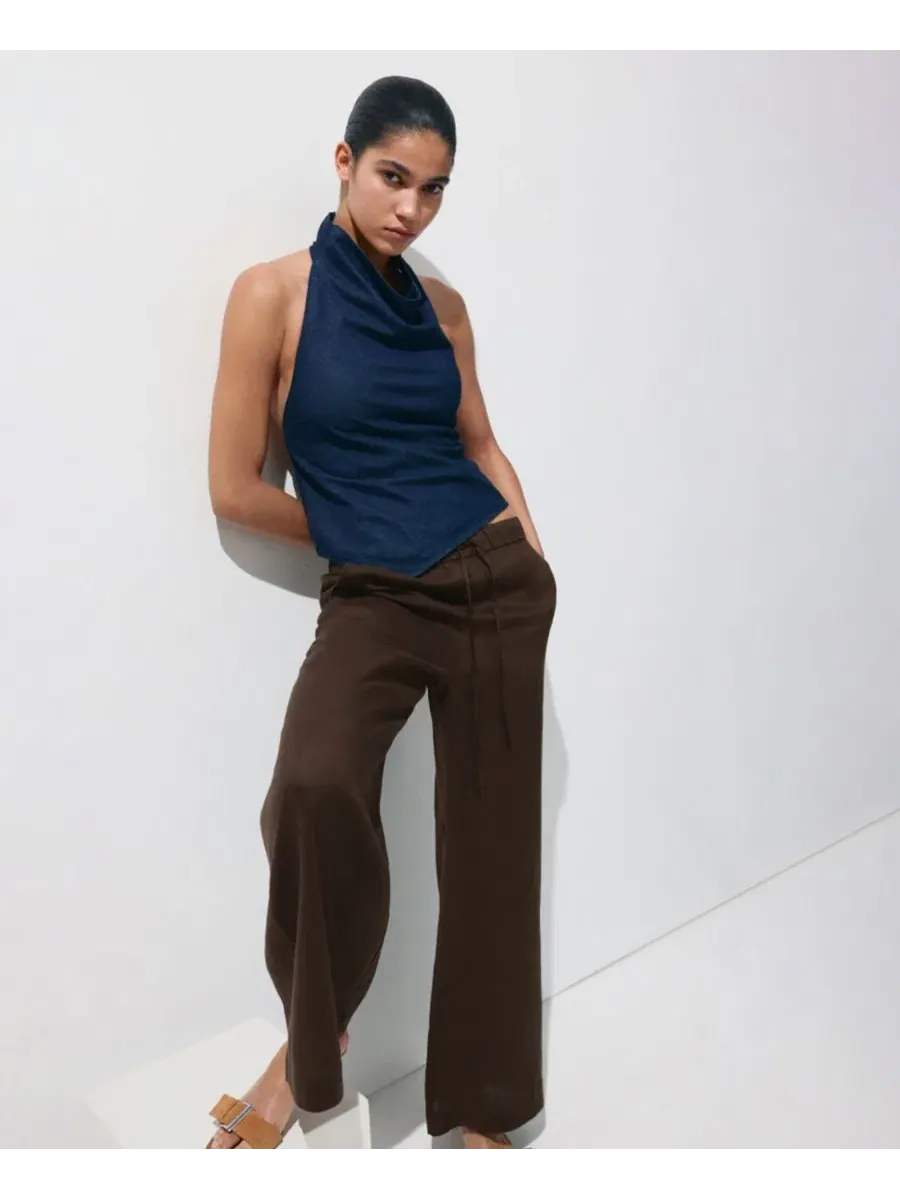 Женские брюки-кюлоты свободного кроя, модель Wide-Leg Linen MANGO — изображение 11 из 19, черный