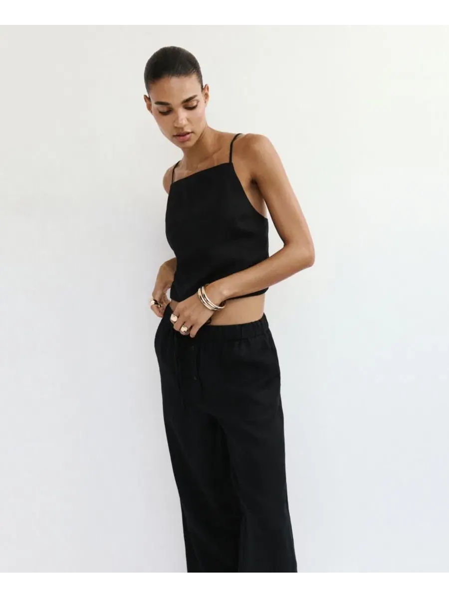 Женские брюки-кюлоты свободного кроя, модель Wide-Leg Linen MANGO — изображение 4 из 19, черный