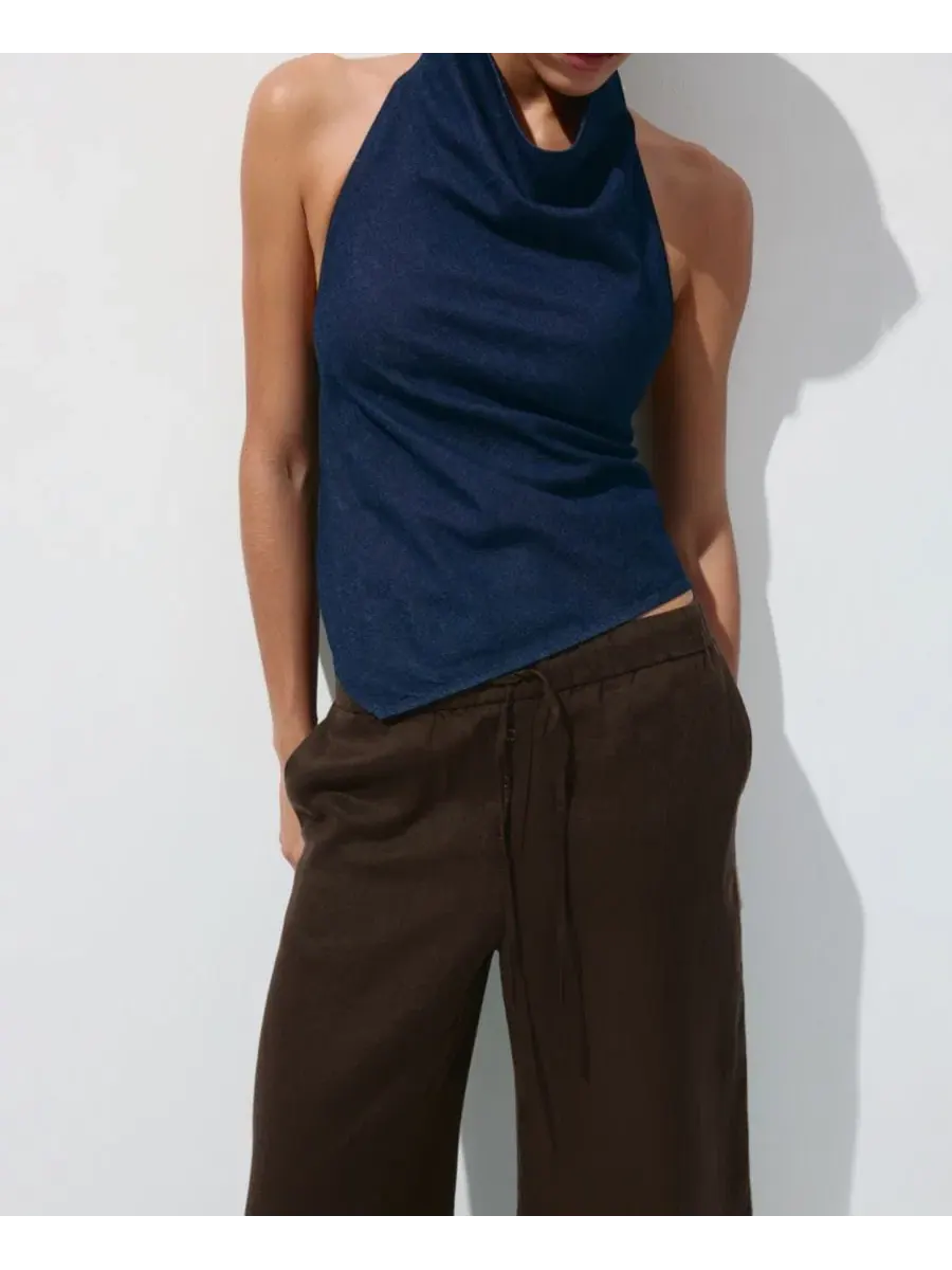 Женские брюки-кюлоты свободного кроя, модель Wide-Leg Linen MANGO — изображение 9 из 19, черный