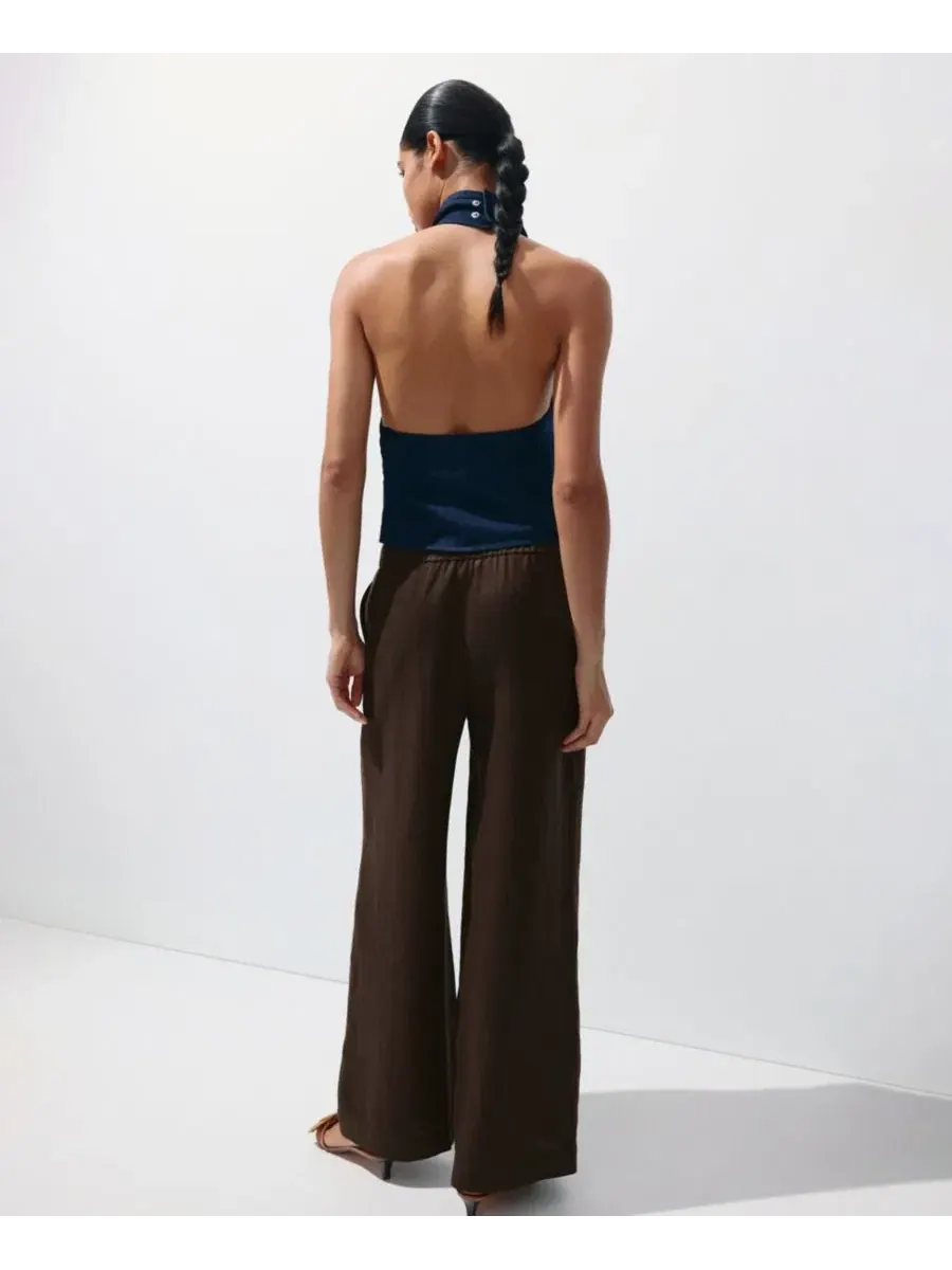 Брюки женские широкие из льна Wide-Leg MANGO — изображение 5 из 18, коричневый