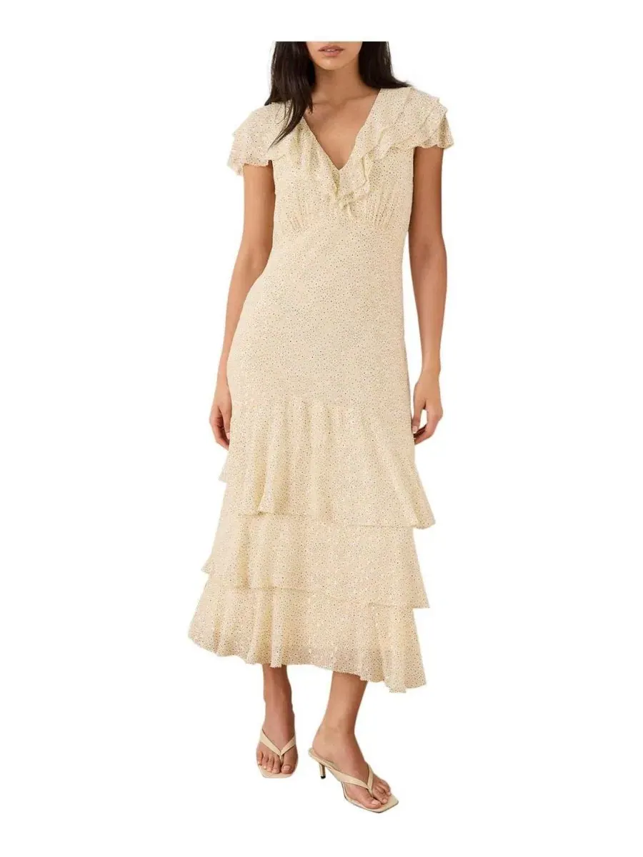 Платье миди с воротником V и воланами, модель Tiered Ruffle V-Neck Mint Velvet — изображение 1 из 7, желтый