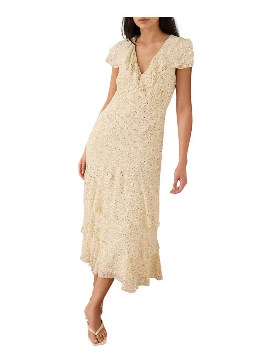 Платье миди с воротником V и воланами, модель Tiered Ruffle V-Neck Mint Velvet — изображение 2 из 7, желтый