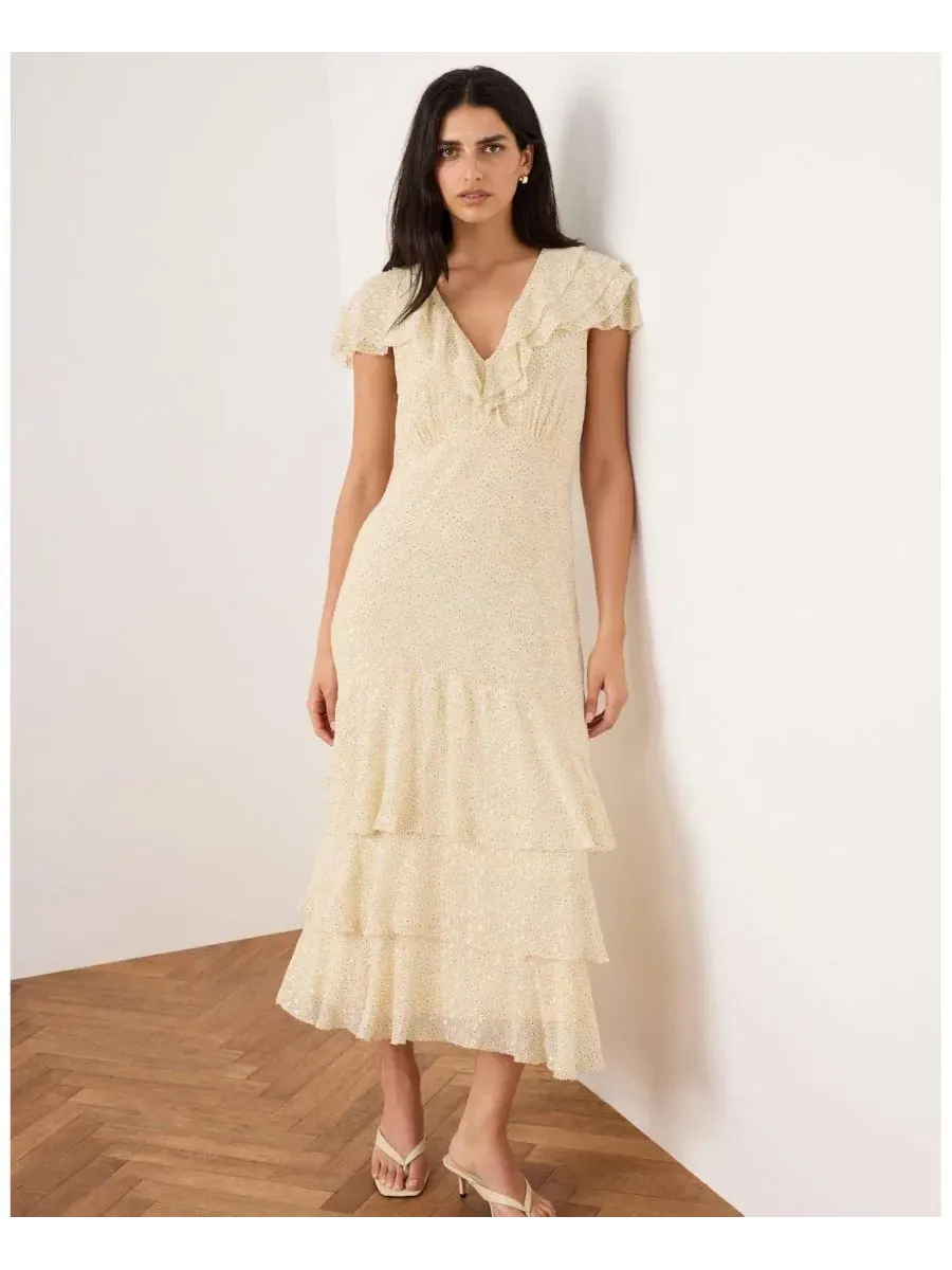Платье миди с воротником V и воланами, модель Tiered Ruffle V-Neck Mint Velvet — изображение 3 из 7, желтый