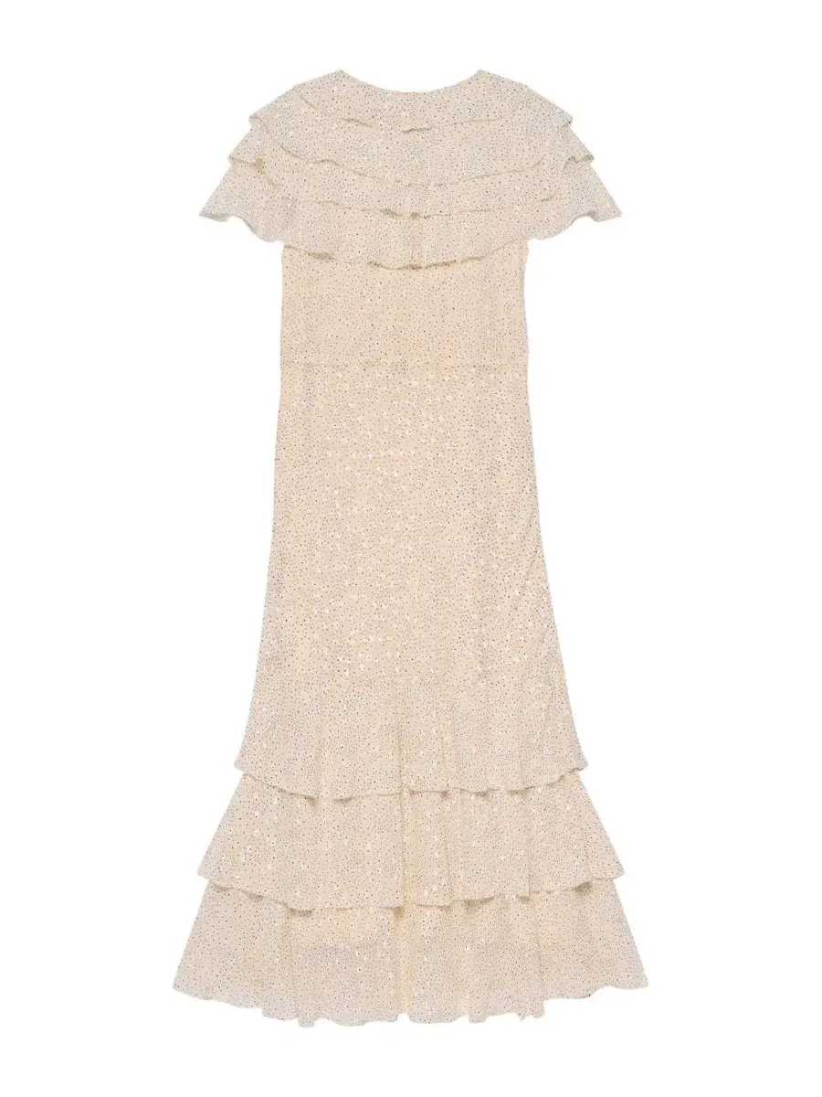 Платье миди с воротником V и воланами, модель Tiered Ruffle V-Neck Mint Velvet — изображение 5 из 7, желтый
