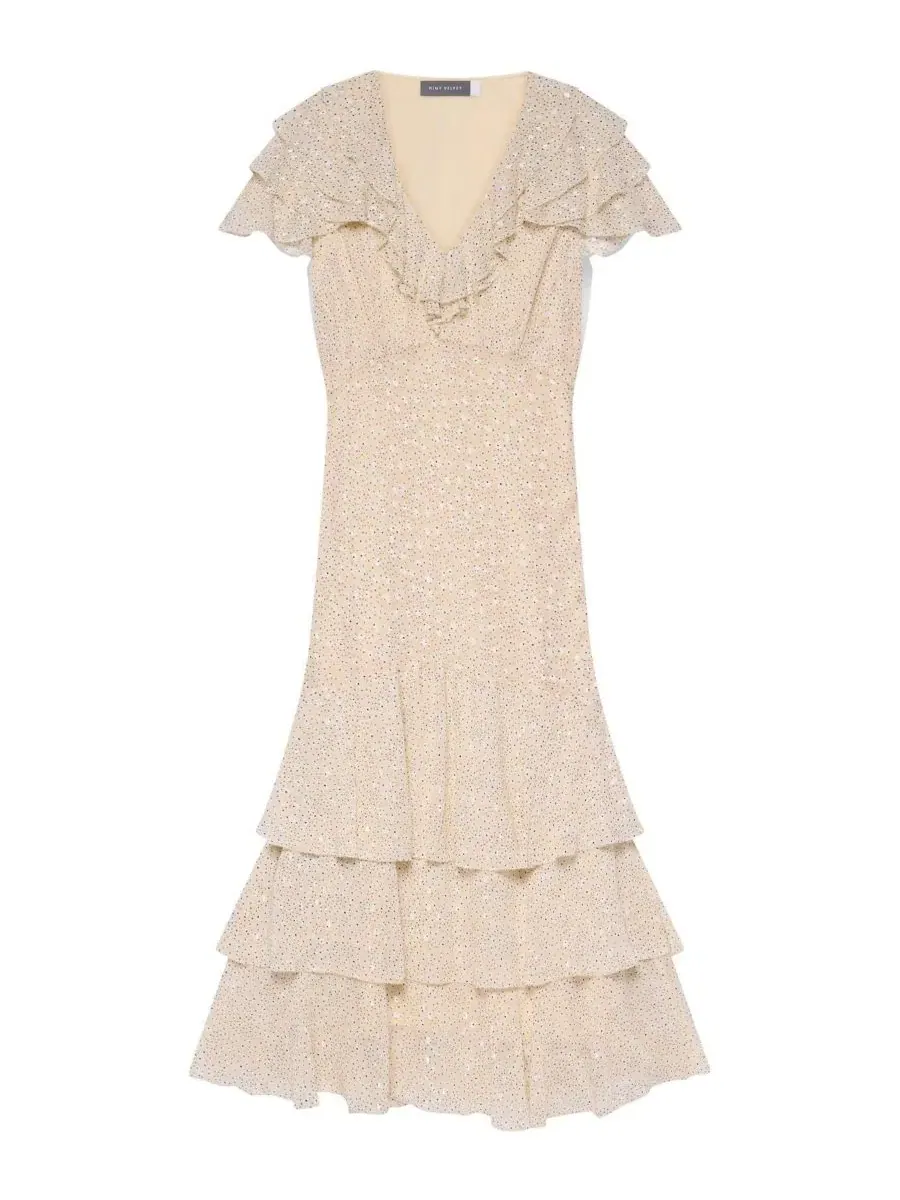 Платье миди с воротником V и воланами, модель Tiered Ruffle V-Neck Mint Velvet — изображение 7 из 7, желтый