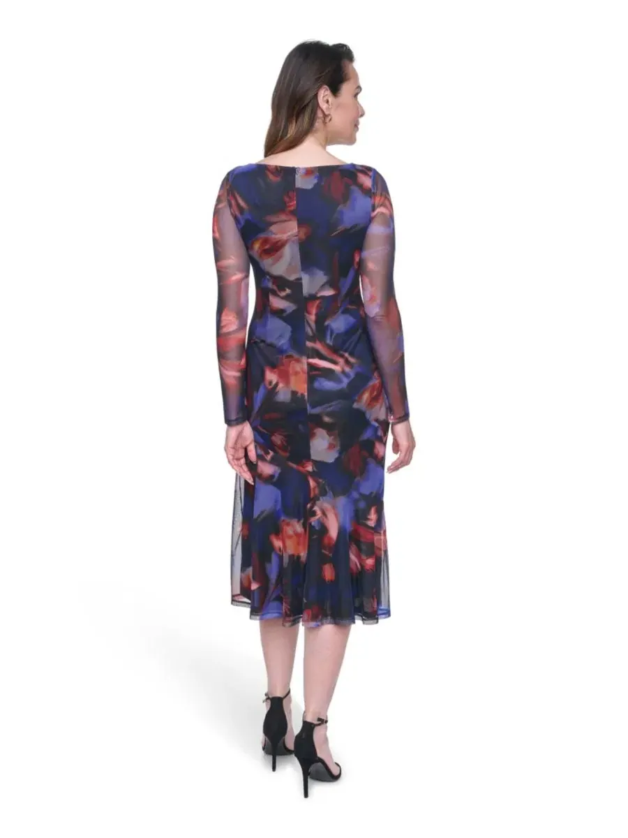 Платье миди с длинным рукавом и боковой драпировкой, модель Petite Long-Sleeve Side Ruched Mesh — изображение 4 из 4, синий
