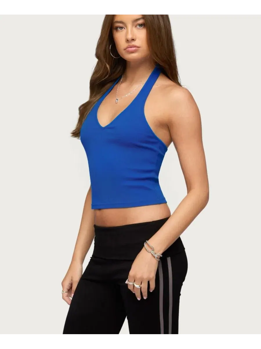 Топ с V-образным вырезом Vespera V Neck Halter Edikted — изображение 4 из 5, синий