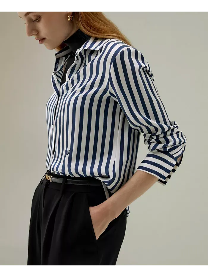 Женская шелковая рубашка The Amalfi Stripe LILYSILK — изображение 3 из 9, синий-белый
