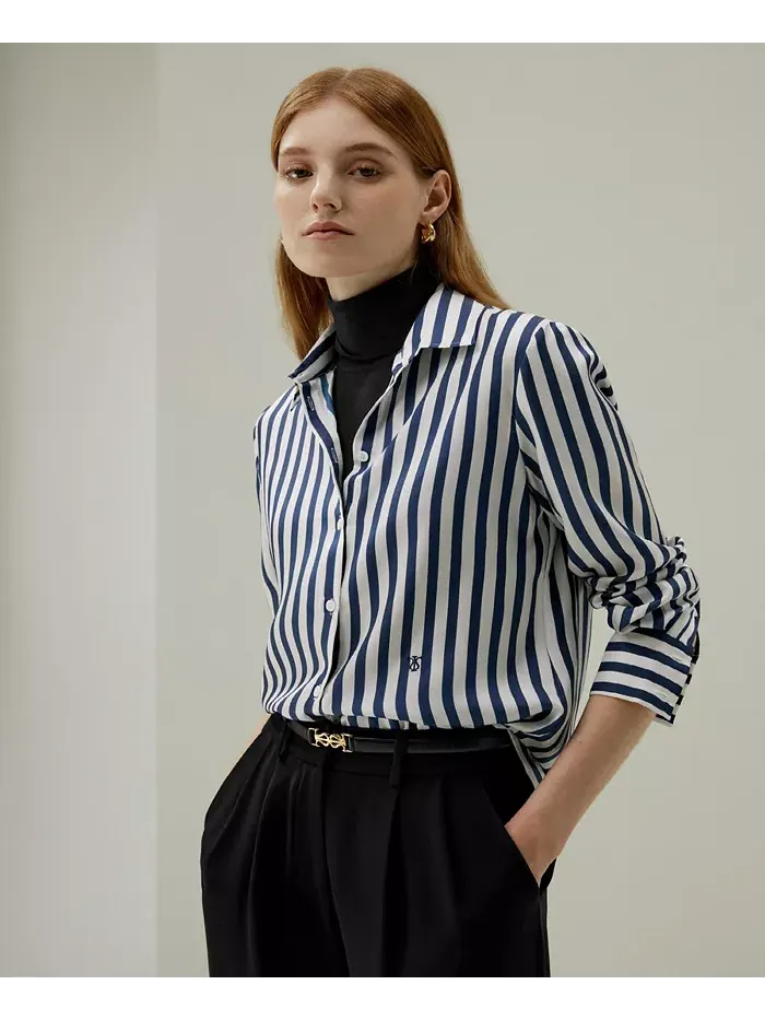 Женская шелковая рубашка The Amalfi Stripe LILYSILK — изображение 4 из 9, синий-белый