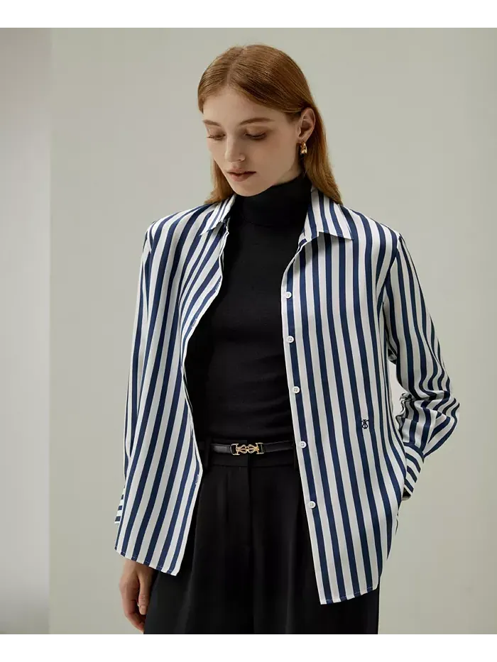 Женская шелковая рубашка The Amalfi Stripe LILYSILK — изображение 7 из 9, синий-белый