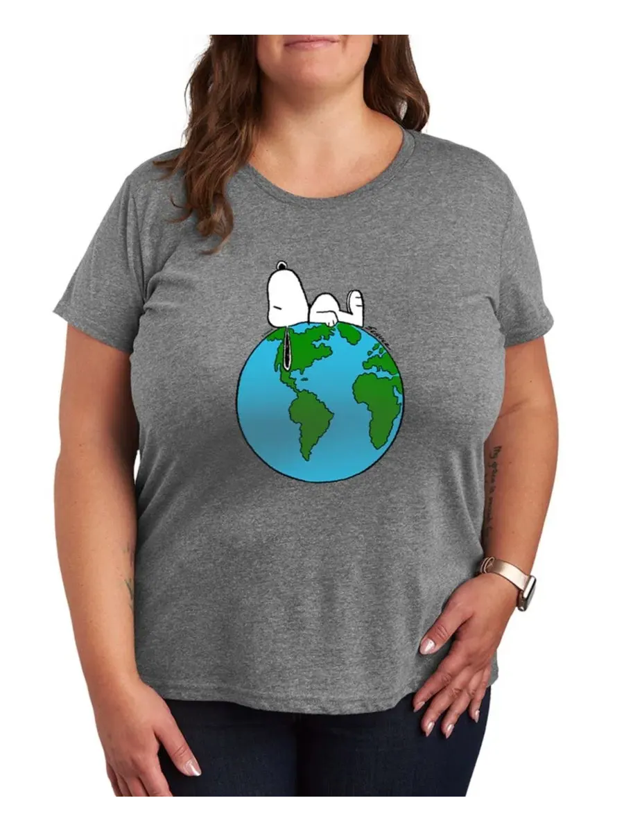 Футболка с коротким рукавом и графическим принтом "Peanuts Snoopy Earth" для полных женщин Hybrid — изображение 1 из 3, серый
