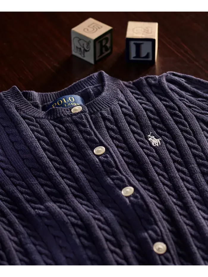 Кардиган из хлопка с узором "косичка" для девочек и малышек Polo Ralph Lauren — изображение 5 из 7, темно-синий