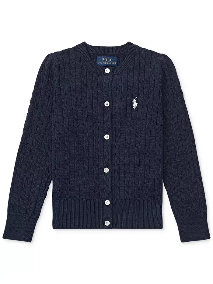 Кардиган из хлопка с узором "косичка" для девочек и малышек Polo Ralph Lauren — изображение 7 из 7, темно-синий
