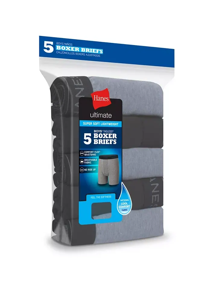 Боксеры Ultimate Cotton Blend для мальчиков старшего возраста, набор из 5 штук Hanes — изображение 3 из 5, черный серый