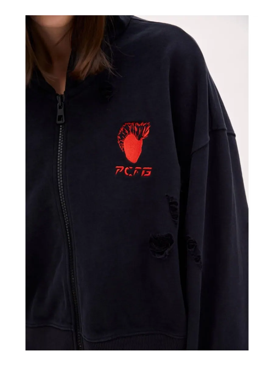 Женская хлопковая толстовка с капюшоном на молнии и эффектом потертости PCFG — изображение 4 из 6, черный