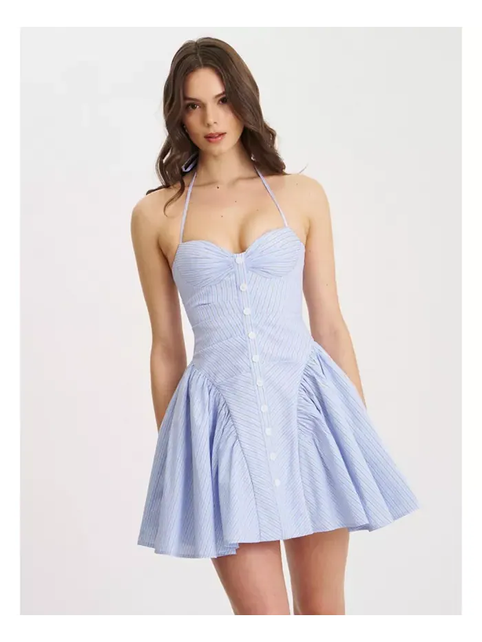 Женское мини-платье Melody Baby Blue в полоску с бретелькой через шею и заниженной талией Miss — изображение 1 из 11, синий