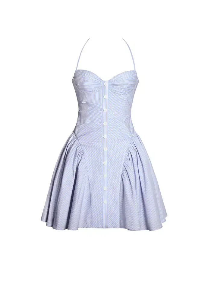 Женское мини-платье Melody Baby Blue в полоску с бретелькой через шею и заниженной талией Miss — изображение 11 из 11, синий