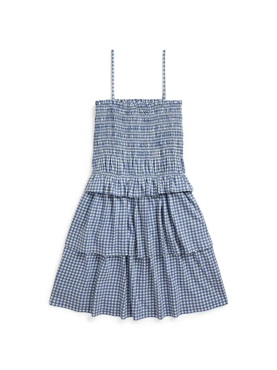 Платье из трикотажа в клетку с присборенным верхом, для девочек 7-16 лет Polo Ralph Lauren — изображение 5 из 6, синий