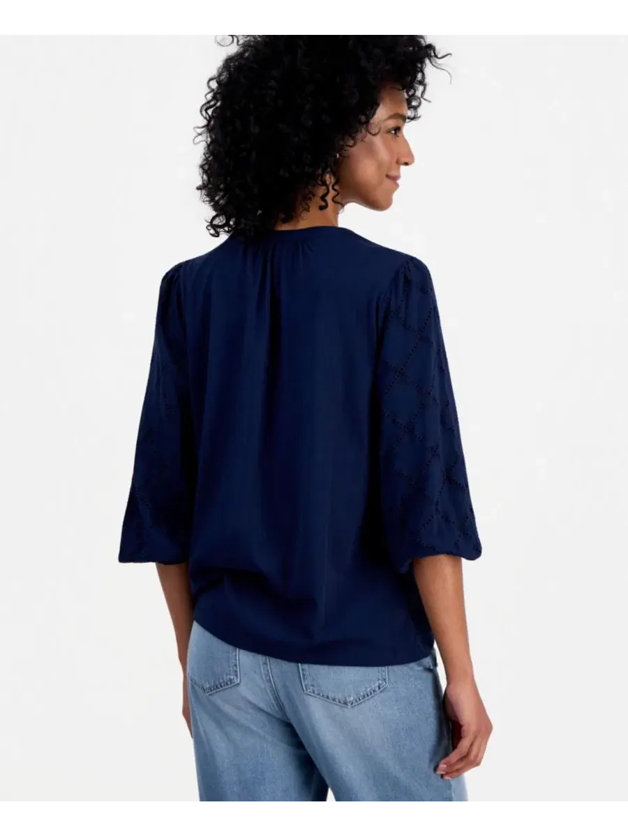 Укороченный трикотажный топ с перфорацией Style & Co — изображение 3 из 3, синий