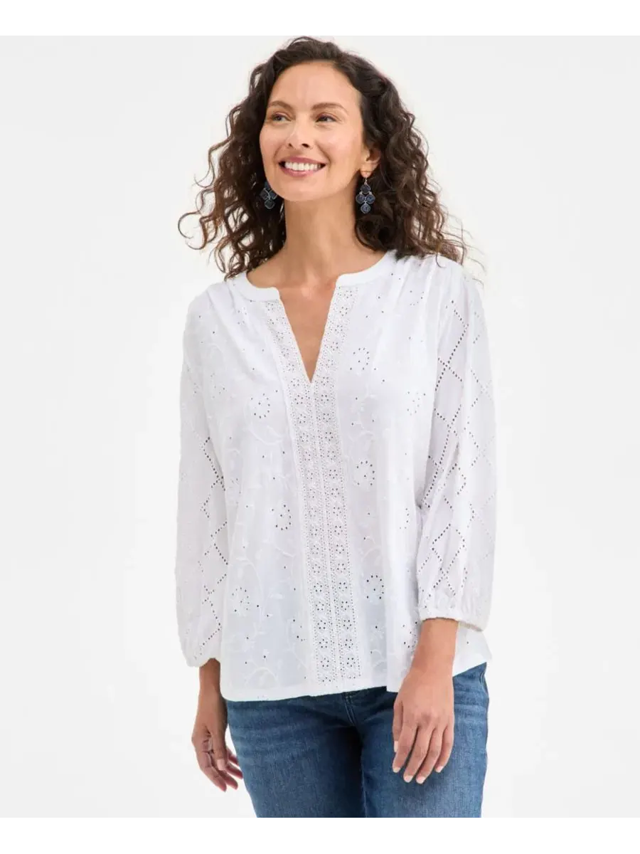 Укороченный трикотажный топ с перфорацией Style & Co — изображение 1 из 4, яркий белый