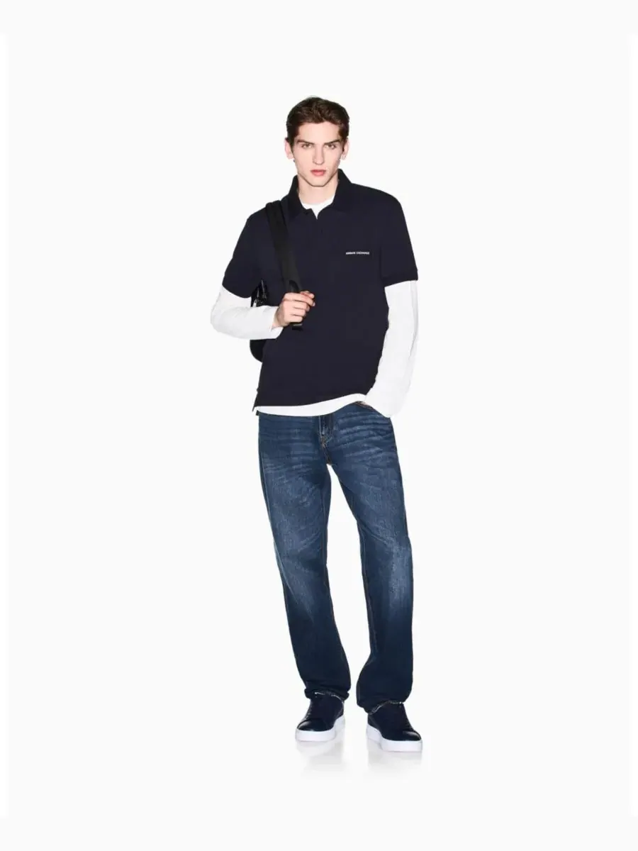 A|X Armani Exchange Мужская белая поло-рубашка пике с коротким рукавом — изображение 2 из 5, глубокий темно-синий