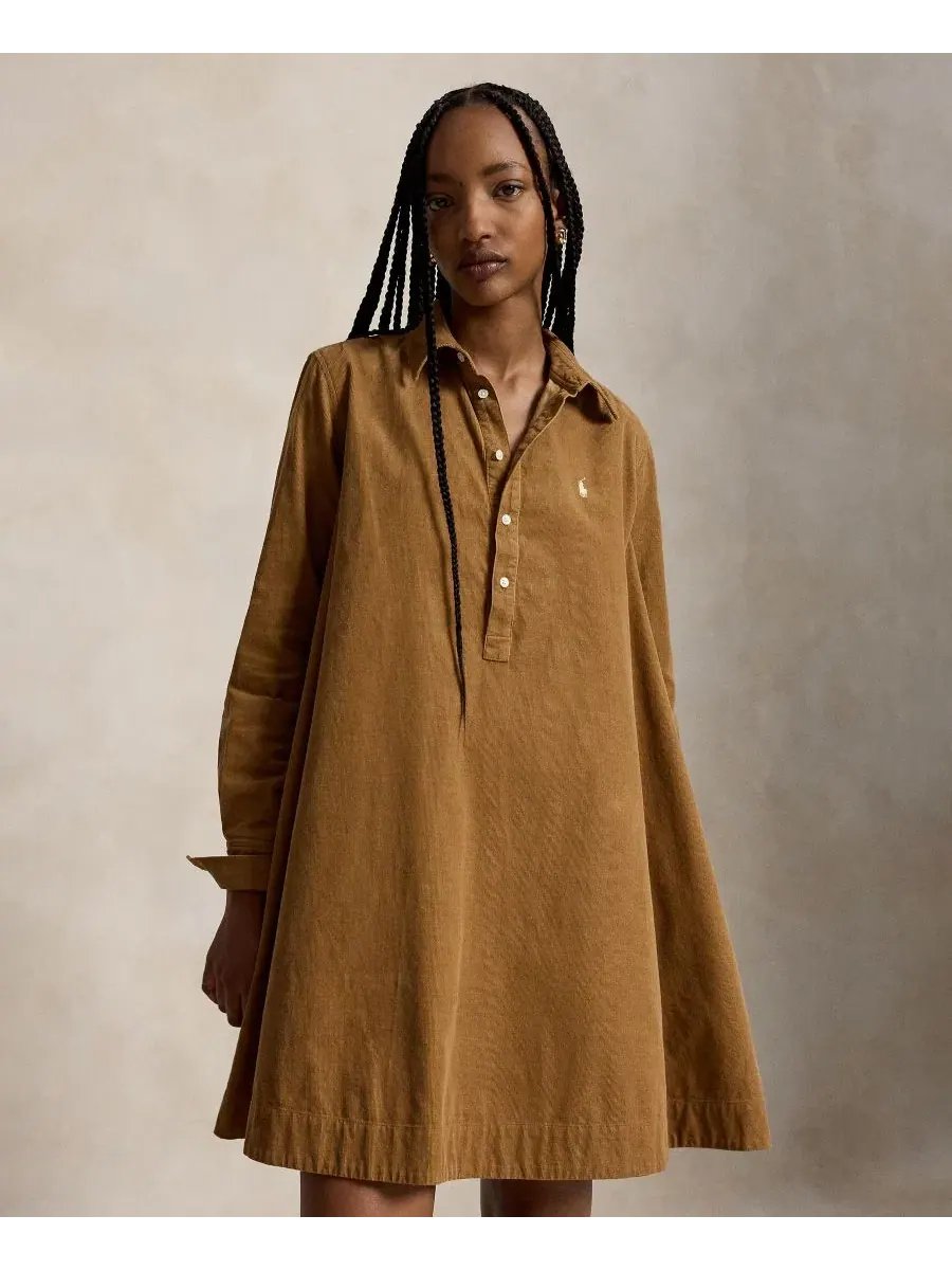 Платье-рубашка вельветовое с плиссировкой Polo Ralph Lauren — изображение 2 из 5, бежевый