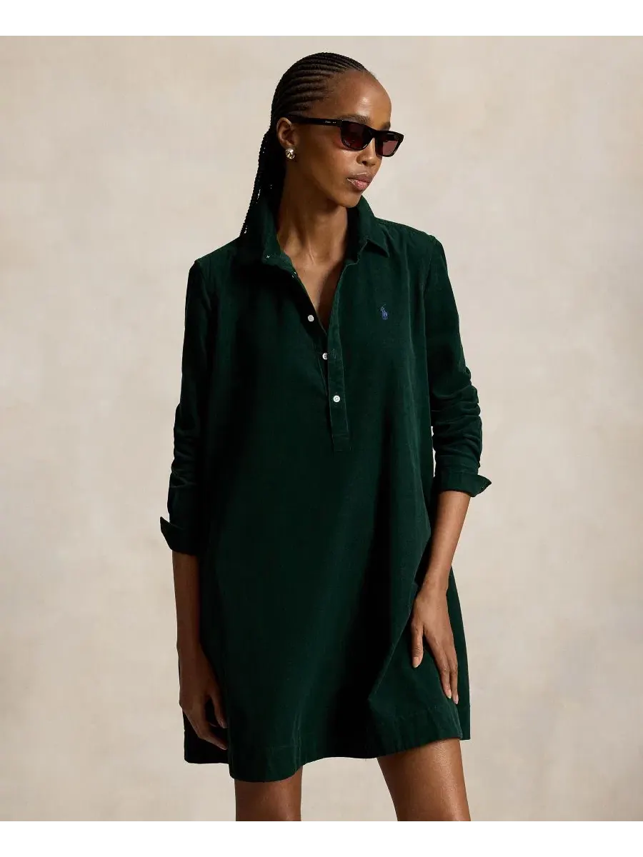 Платье-рубашка из вельвета с плиссировкой, модель Corduroy Pleated Shirt Dress Polo Ralph Lauren — изображение 2 из 5