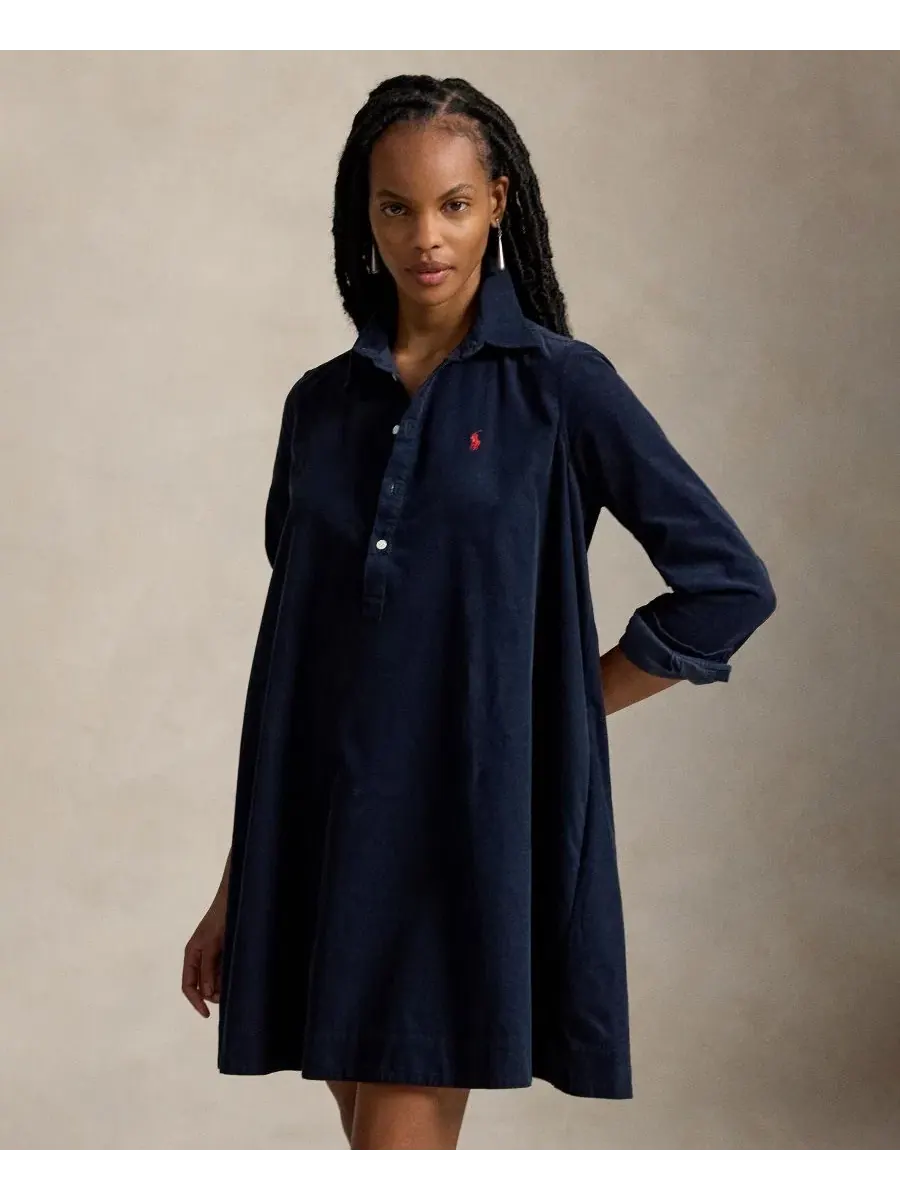 Платье-рубашка из вельвета с плиссировкой Polo Ralph Lauren — изображение 2 из 5, темно-синий
