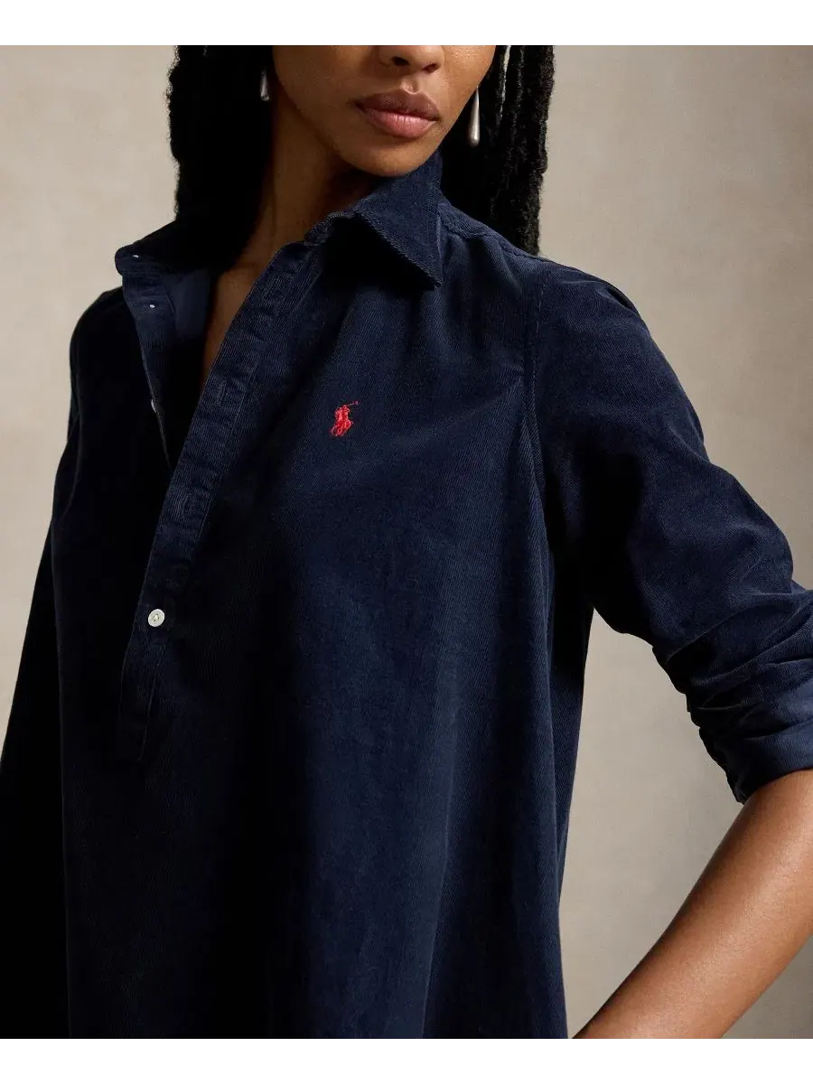 Платье-рубашка из вельвета с плиссировкой Polo Ralph Lauren — изображение 3 из 5, темно-синий