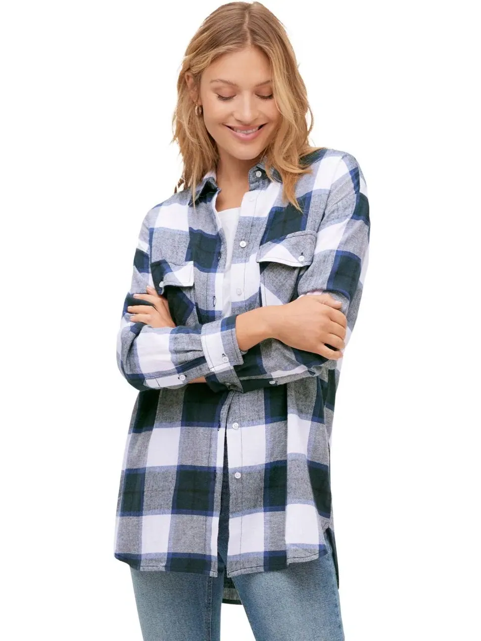 Фланелевая туника-рубашка с принтом, модель Plaid Button-Front Flannel Tunic ellos — белый