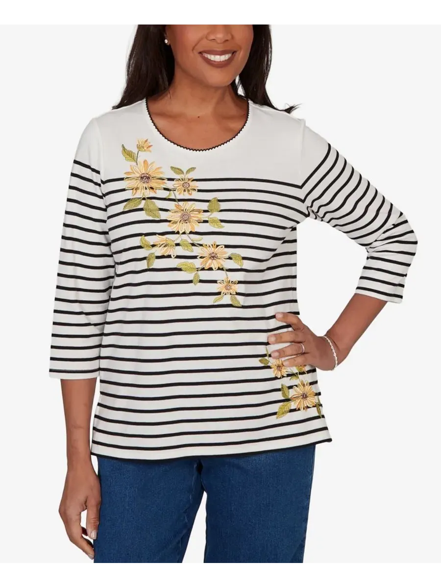 Топ с принтом Petite Sunflower Stripe Alfred Dunner — изображение 1 из 5, черный