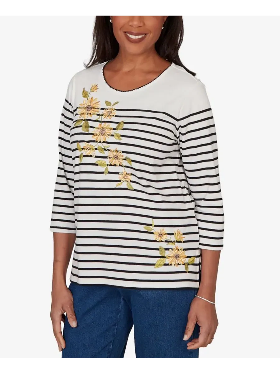 Топ с принтом Petite Sunflower Stripe Alfred Dunner — изображение 2 из 5, черный