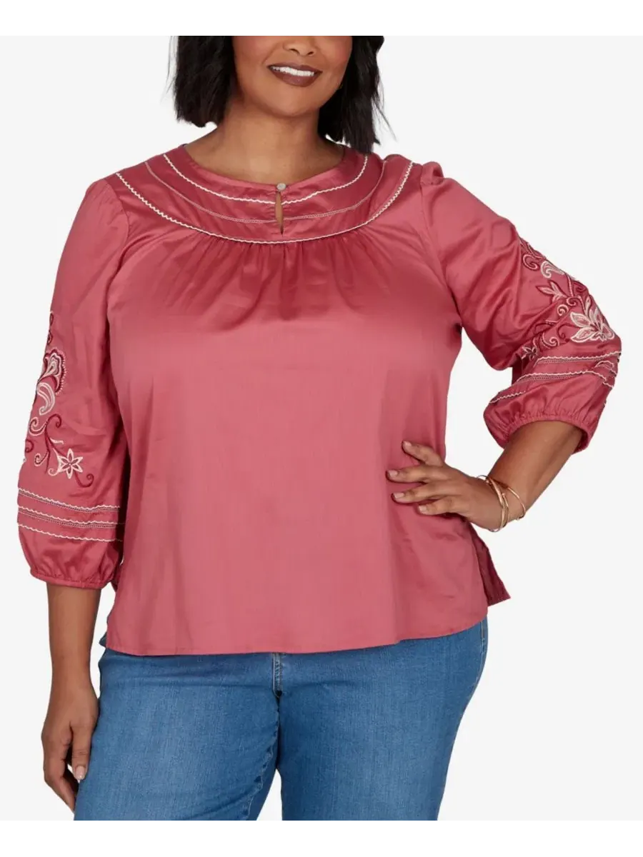 Блуза из вуали с вышивкой и рукавом 3/4, модель Plus Size Embroidered Sleeve Voile Top Ruby Rd.