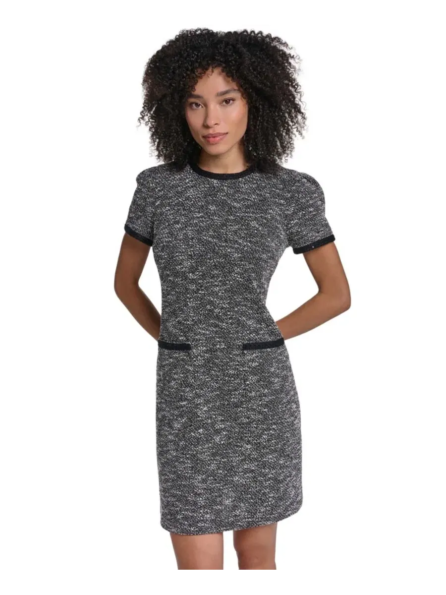 Платье-футляр из твида с воротником-стойкой, модель Shift Dress KARL LAGERFELD PARIS — изображение 3 из 4, черный белый