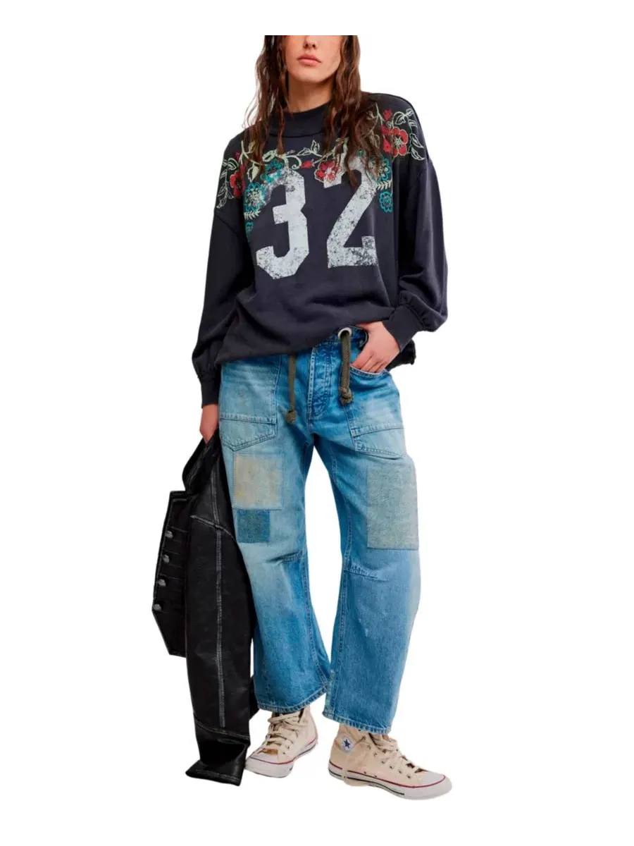 Свитшот из хлопка с принтом, модель Slouchy Mock-Neck Free People — изображение 2 из 6, черный