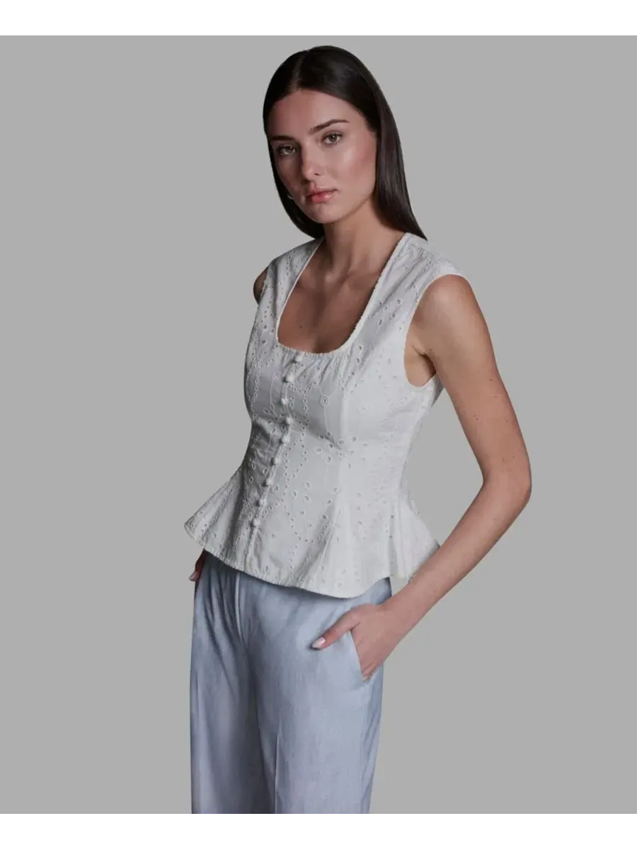 Топ без рукавов с квадратным вырезом и пеплумом, Eyelet Detail Sleeveless Square Neck Peplum Top — изображение 3 из 6, белый