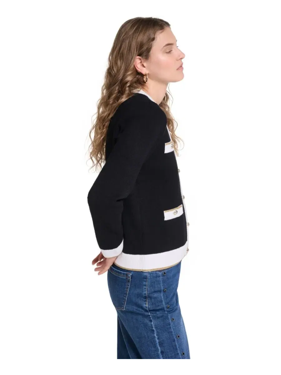 Кардиган с четырьмя карманами, модель Four-Pocket Cardigan KARL LAGERFELD PARIS — изображение 3 из 8, черный/белый/золотистый