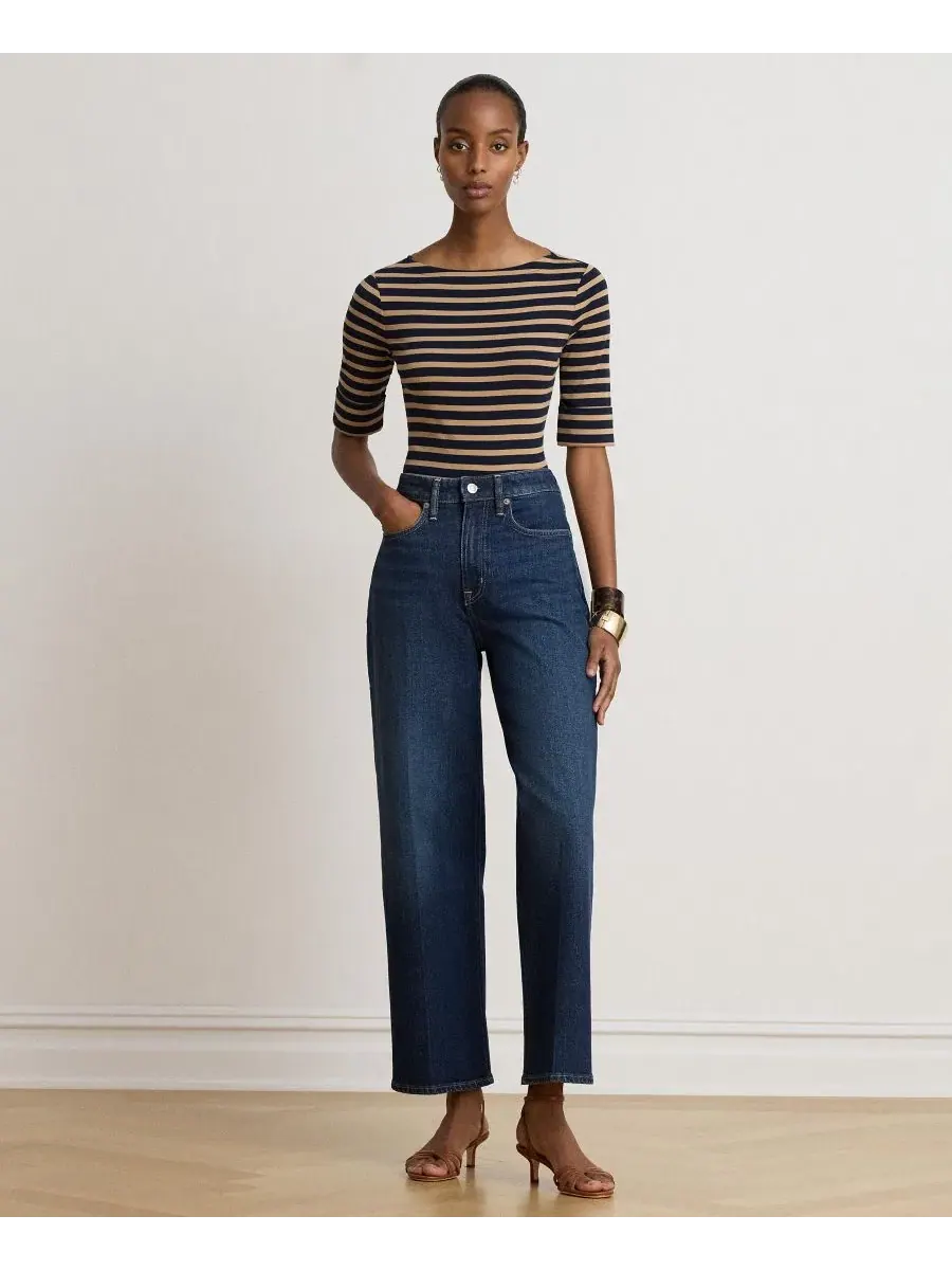Топ с полоской из хлопка с эластаном, с лодочным вырезом Lauren Ralph Lauren — изображение 2 из 7, темно-синий