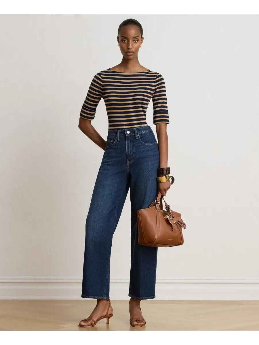 Топ с полоской из хлопка с эластаном, с лодочным вырезом Lauren Ralph Lauren — изображение 3 из 7, темно-синий