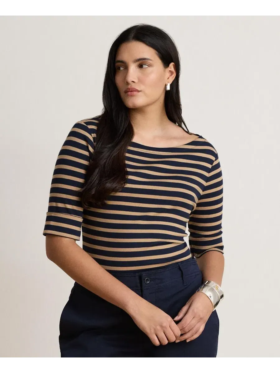 Топ с полоской из хлопка с эластаном, с лодочным вырезом Lauren Ralph Lauren — изображение 4 из 7, темно-синий