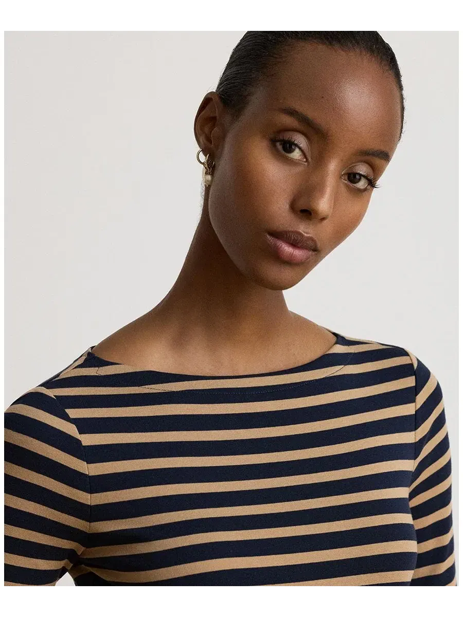 Топ с полоской из хлопка с эластаном, с лодочным вырезом Lauren Ralph Lauren — изображение 5 из 7, темно-синий